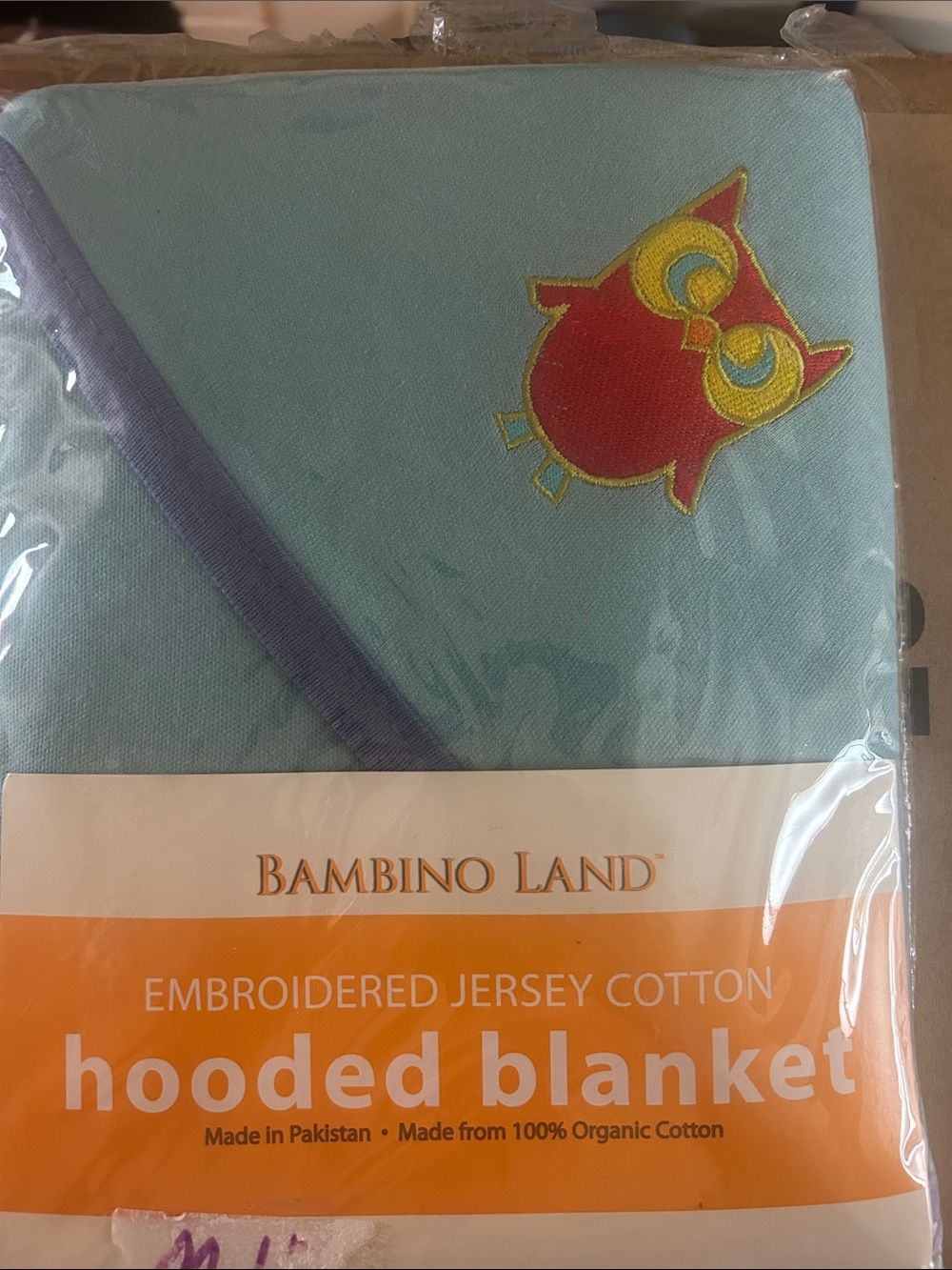 Light Blue Hooded Baby Blanket with Red Owl Embroidery